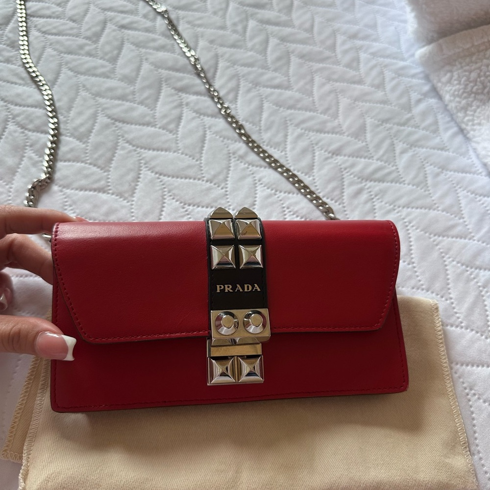 Prada Red Clutch with Gold Chain and Flap Closure
